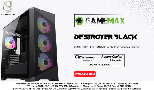 Destroyer Black Edition Tower | Intel Core i5 14400F (14th Gen) – 10 Cores / 16 Threads up to 4.7GHz | 32GB Crucial DDR5 RAM | 1TB Kioxia NVMe SSD |  NVIDIA RTX 5070