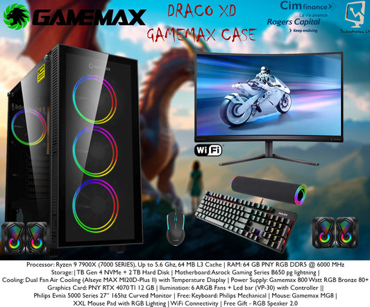 Gamemax Draco xD Ryzen 9 7900x Set, Ryzen 9 7900X (7000 SERIES), 64 GB Ram PNY RGB DDR5 @ 6000 MHz, 1 TB Gen 4 NVMe + 2 TB Hard Disk, Graphics Card: PNY RTX 4070 TI 12 GB