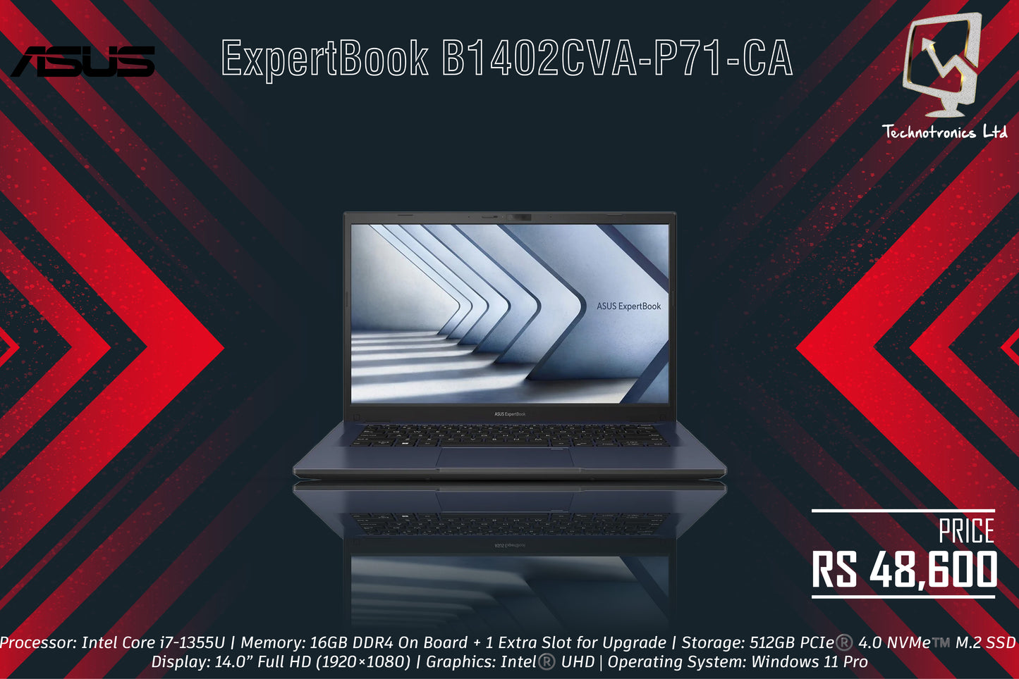 ASUS ExpertBook B1402CVA-P71-CA | Processor: Intel Core i7-1355U | Memory: 16GB DDR4 | Storage: 512GB PCIe |  Display: 14.0” Full HD | Graphics: Intel®️ UHD