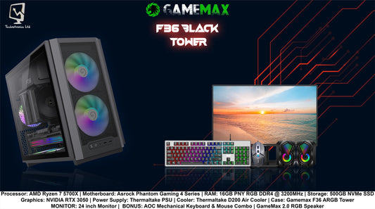 Gamemax F36 Set | AMD Ryzen 7 5700X | RAM: 16GB PNY RGB DDR4 | Storage: 500GB NVMe SSD | Graphics: NVIDIA RTX 3050