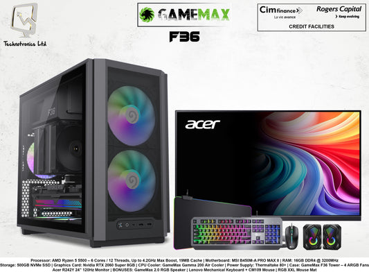 GAMEMAX F36 GAMING SET | Processor: AMD Ryzen 5 5500 | Storage: 500GB NVMe SSD | RAM: 16GB DDR4 | Graphics Card: Nvidia RTX 2060 Super 8GB