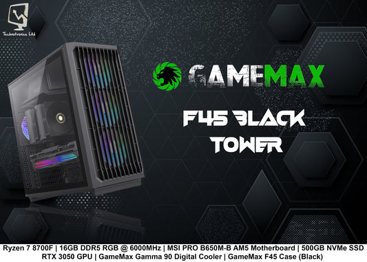 GameMax F45 Black Tower | Ryzen 7 8700F | 16GB DDR5 RGB @ 6000MHz | MSI PRO B650M-B AM5 Motherboard | 500GB NVMe SSD RTX 3050 GPU
