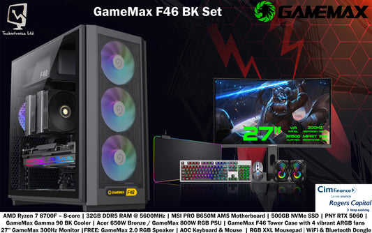 GameMax F46 Set | AMD Ryzen 7 8700F – 8-core | 32GB DDR5 RAM @ 5600MHz | 500GB NVMe SSD | PNY RTX 5060