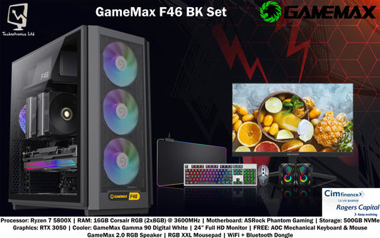 GameMax F46 Set | CPU: Ryzen 7 5800X | RAM: 16GB (2x8GB) Corsair RGB @ 3600MHz | Storage: 500GB NVMe | GPU: RTX 3050