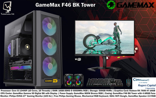 GameMax F46 BK Set| Core i5 13400F | RAM: 16GB DDR5 | Storage: 500GB NVMe | Graphics Card: Radeon RX 7600 XT 16GB