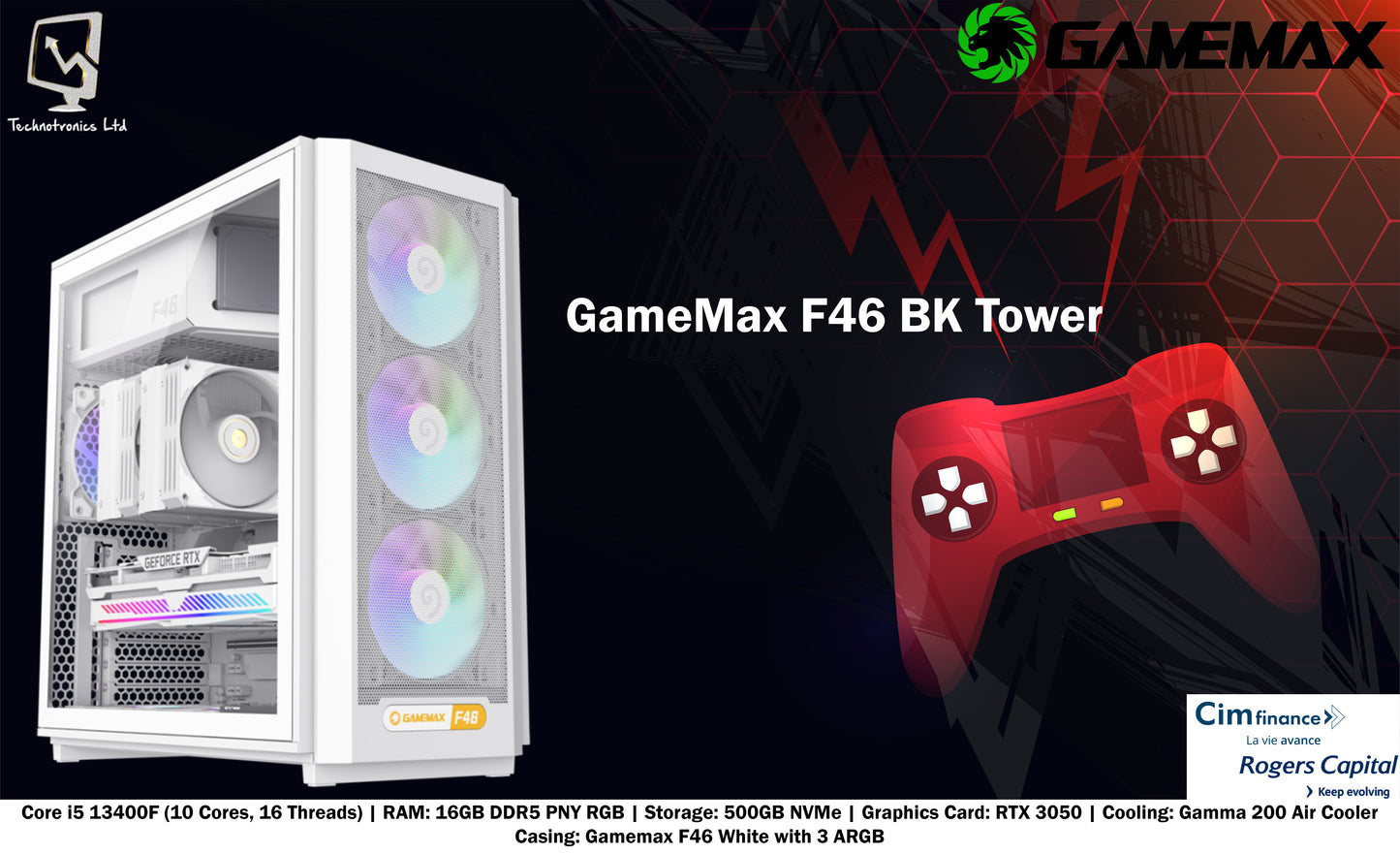 Gamemax F46 White Tower | Core i5 13400F (10 Cores, 16 Threads) | RAM: 16GB DDR5 PNY RGB | Storage: 500GB NVMe | Graphics Card: RTX 3050