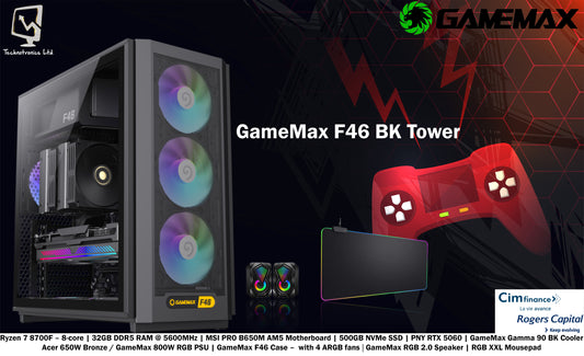 GameMax F46 Tower | AMD Ryzen 7 8700F – 8-core | 32GB DDR5 RAM @ 5600MHz  | 500GB NVMe SSD | PNY RTX 5060