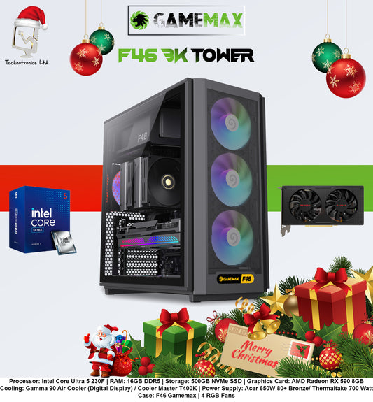 F46 Gamemax Tower | Processor: Intel Core Ultra 5 230F | RAM: 16GB DDR5 | Storage: 500GB NVMe SSD | Graphics Card: AMD Radeon RX 590 8GB