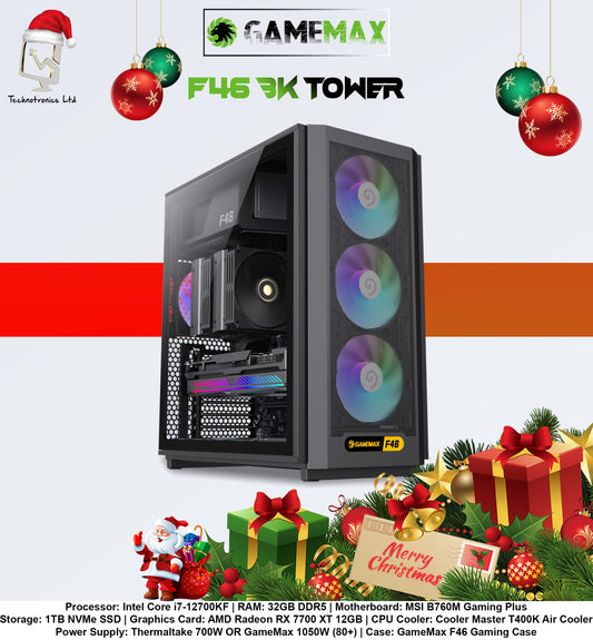 GameMax F46 Gaming Tower | Processor: Intel Core i7-12700KF | RAM: 32GB DDR5 | Storage: 1TB NVMe SSD | Graphics Card: AMD Radeon RX 7700 XT 12GB