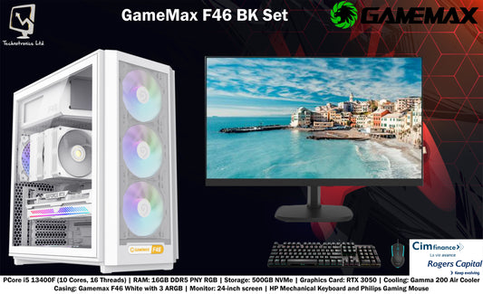 Gamemax F46 White Set | Core i5 13400F (10 Cores, 16 Threads) | RAM: 16GB DDR5 PNY RGB | Storage: 500GB NVMe | Graphics Card: RTX 3050