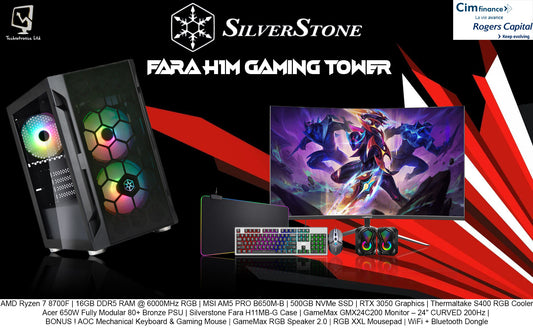 FARA H1M GAMING SET | Processor: AMD Ryzen 7 8700F | RAM: 16GB DDR5 @ 6000MHz RGB | Storage: 500GB NVMe SSD | Graphics Card: RTX 3050