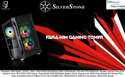 FARA H1M GAMING TOWER | Processor: AMD Ryzen 7 8700F | RAM: 16GB DDR5 @ 6000MHz RGB | Storage: 500GB NVMe SSD | Graphics Card: RTX 3050