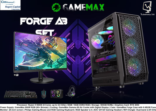 GameMax Forge Gaming SET | Ryzen 5 5600X (6 Cores, up to 4.6 GHz) | RAM: 16GB DDR4 RGB |Storage: 500GB NVMe | Graphics Card: RTX 3050