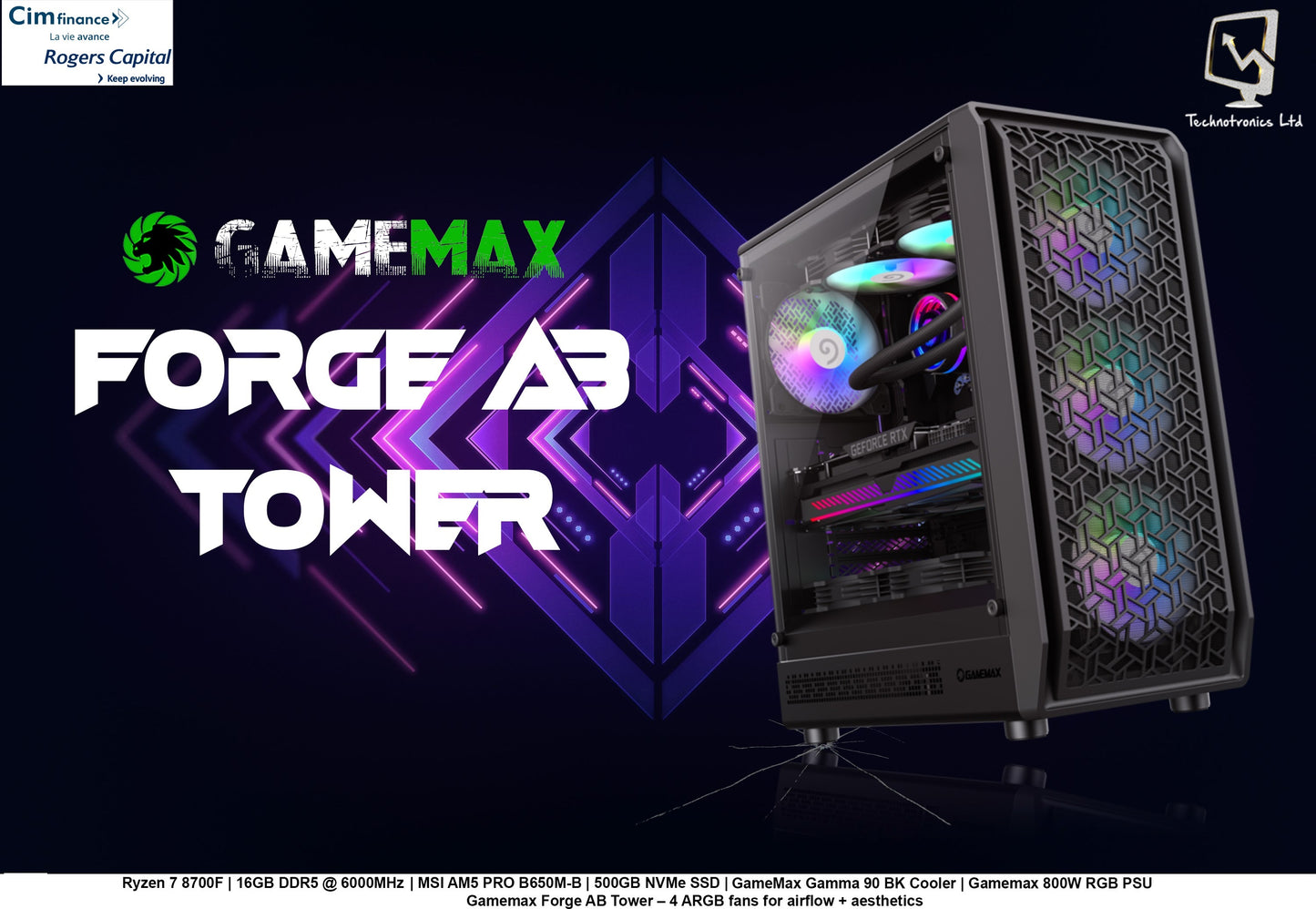 Forge AB Tower | Ryzen 7 8700F | 16GB DDR5 @ 6000MHz  | MSI AM5 PRO B650M-B | 500GB NVMe SSD | RTX 5060