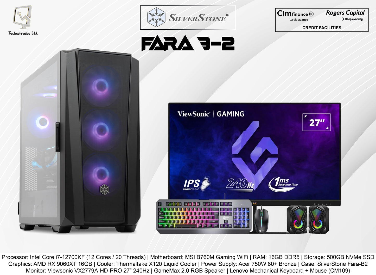 SILVERSTONE FARA-B2 Set | Intel Core i7-12700KF | Storage: 500GB NVMe SSD | RAM: 16GB DDR5 | Graphics: AMD RX 9060XT 16GB