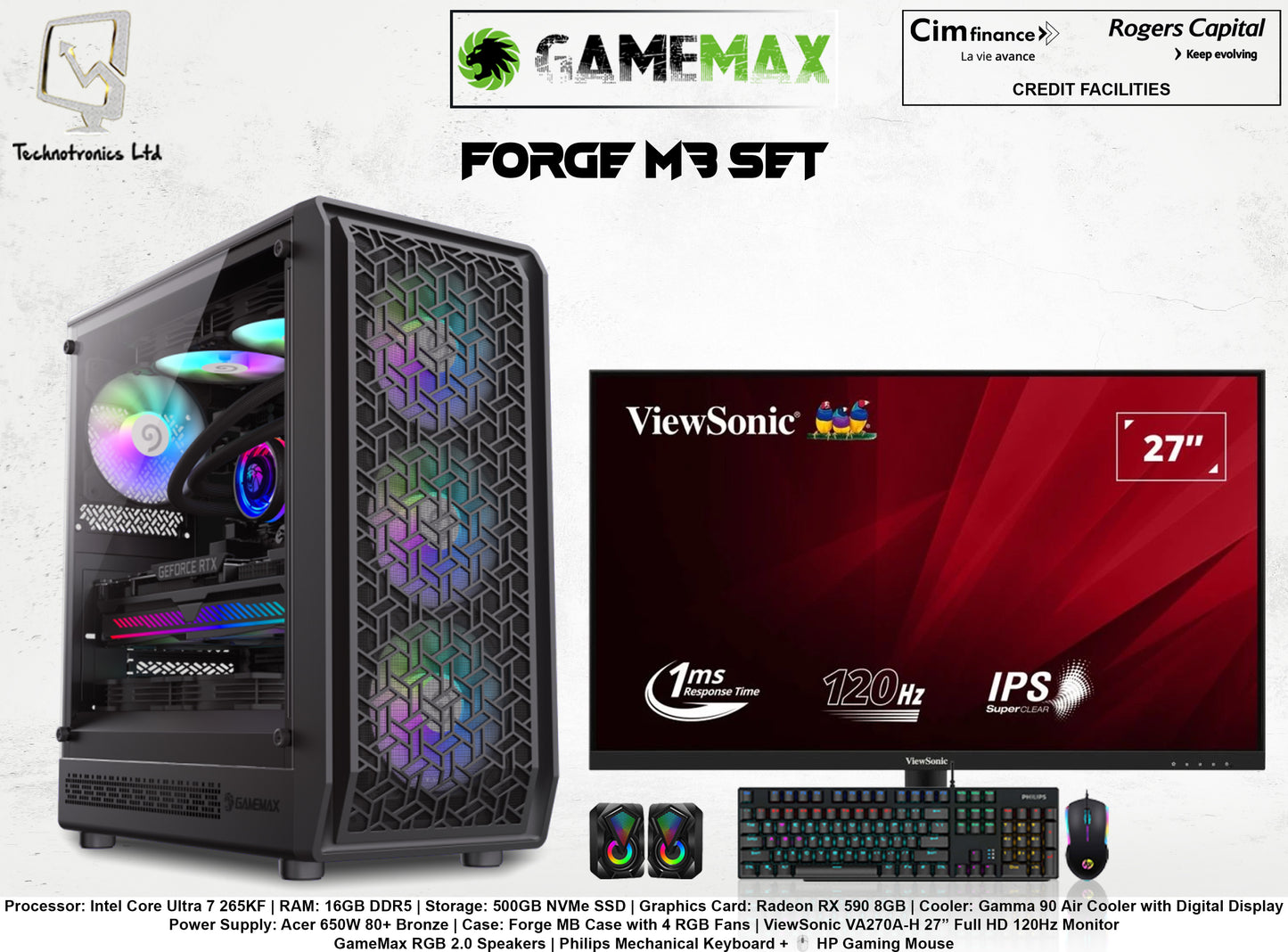 Forge MB Set | Intel Core Ultra 7 265KF | RAM: 16GB DDR5 | Storage: 500GB NVMe SSD | Graphics Card: Radeon RX 590 8GB