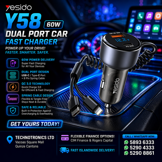 Yesido Y58 60W PD + QC3.0 Dual Port Car Fast Charger with USB-C / Type-C + 8 Pin Spring Cable- Vehicle