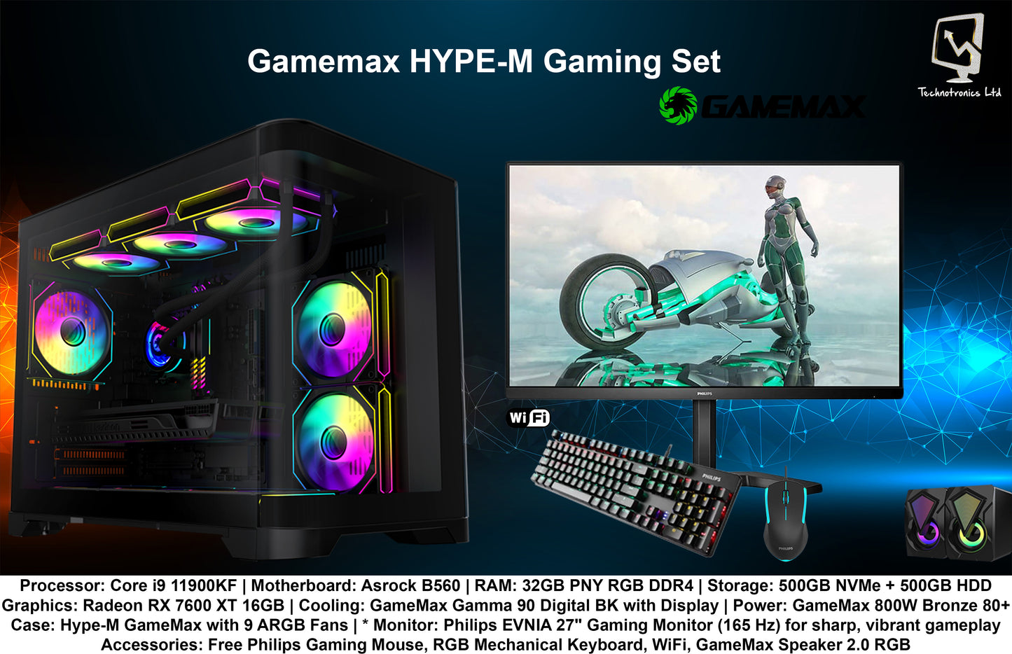 Hype-M Gaming Set | Core i9 11900KF | RAM: 32GB PNY RGB DDR4 | Storage: 500GB NVMe + 500GB HDD | Graphics: Radeon RX 7600 XT 16GB