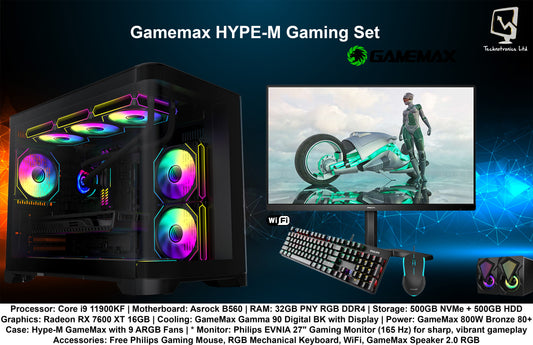 Hype-M Gaming Set | Core i9 11900KF | RAM: 32GB PNY RGB DDR4 | Storage: 500GB NVMe + 500GB HDD | Graphics: Radeon RX 7600 XT 16GB