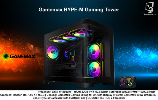 Hype-M Gaming Tower | Core i9 11900KF | RAM: 32GB PNY RGB DDR4 | Storage: 500GB NVMe + 500GB HDD | Graphics: Radeon RX 7600 XT 16GB