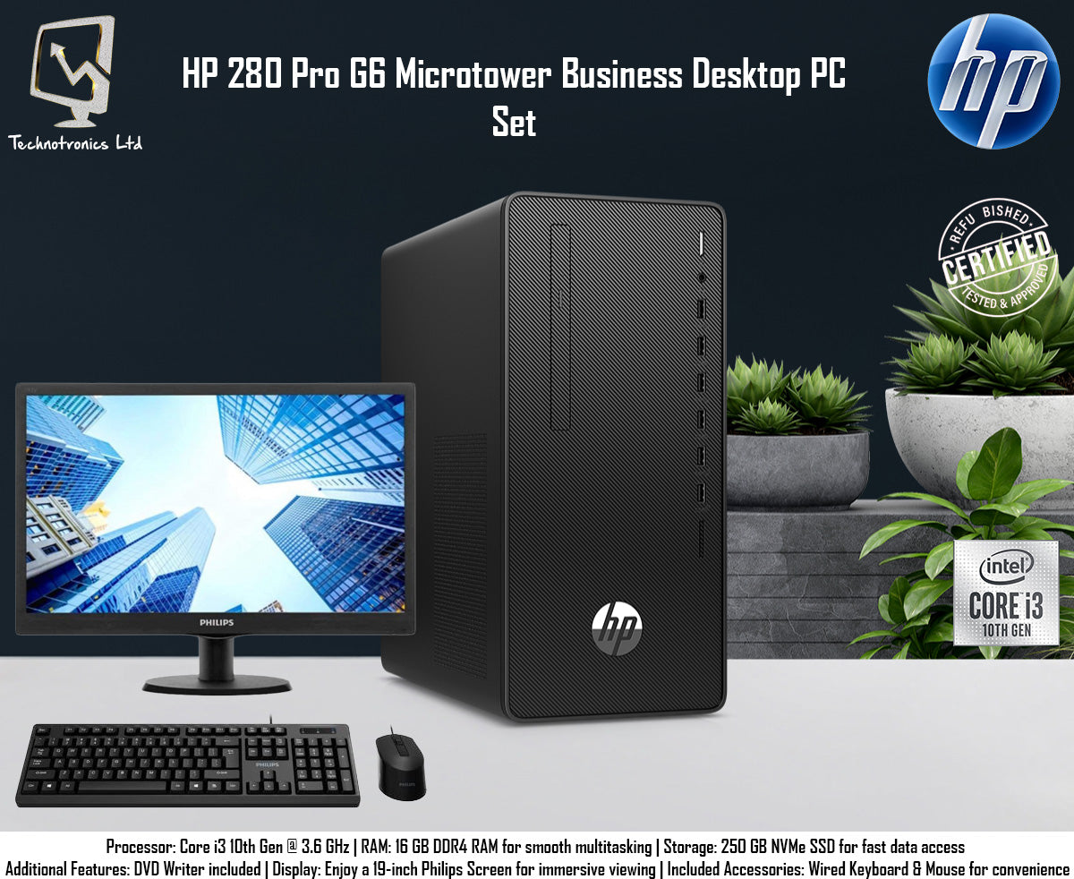 Renewed Branded HP Core I3 10th Gen Set- HP 280 Pro G6 Microtower Business Desktop PC