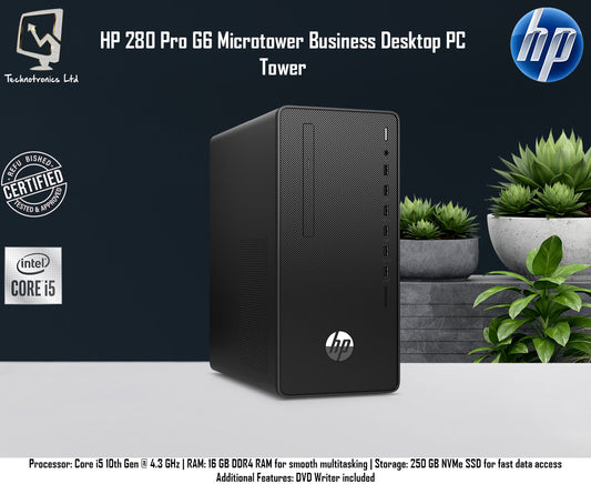 Renewed Branded HP Core i5 10th Gen Tower - HP 280 Pro G6 Microtower Business Desktop PC