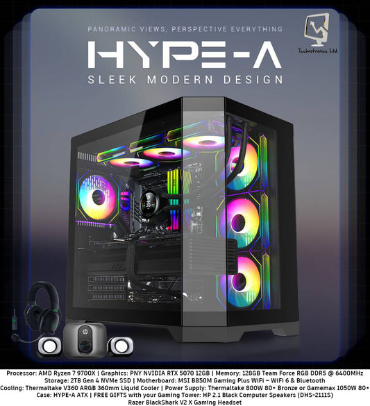 HYPE-A ATX Tower | Processor: AMD Ryzen 7 9700X | Graphics: PNY NVIDIA RTX 5070 12GB | Memory: 128GB Team Force RGB DDR5 @ 6400MHz Storage: 2TB Gen 4 NVMe SSD