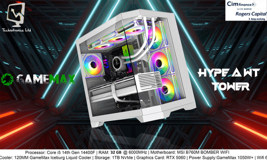 Hype A WT Tower | Processor: Core i5 14th Gen 14400F | RAM: 32GB DDR5 @ 6000MHz | Storage: 1TB NVMe | Graphics Card: RTX 5060
