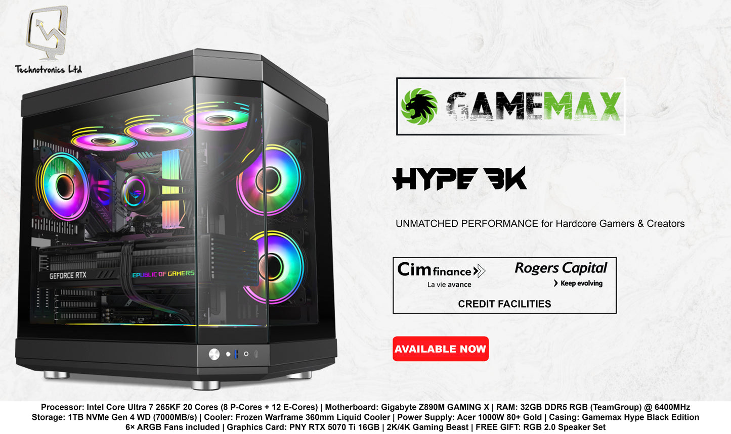 HYPE BLACK EDITION TOWER | Processor: Intel Core Ultra 7 265KF | RAM: 32GB DDR5 RGB | Storage: 1TB NVMe Gen 4 WD | Graphics Card: PNY RTX 5070 Ti 16GB