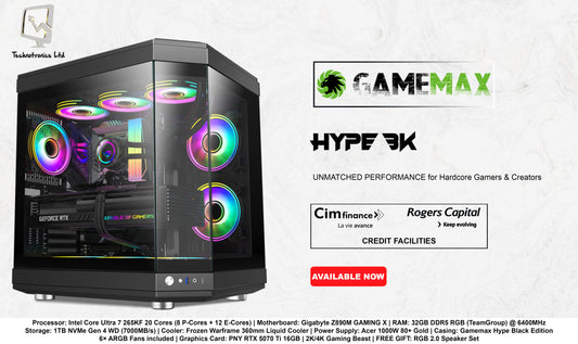 HYPE BLACK EDITION TOWER | Processor: Intel Core Ultra 7 265KF | RAM: 32GB DDR5 RGB | Storage: 1TB NVMe Gen 4 WD | Graphics Card: PNY RTX 5070 Ti 16GB