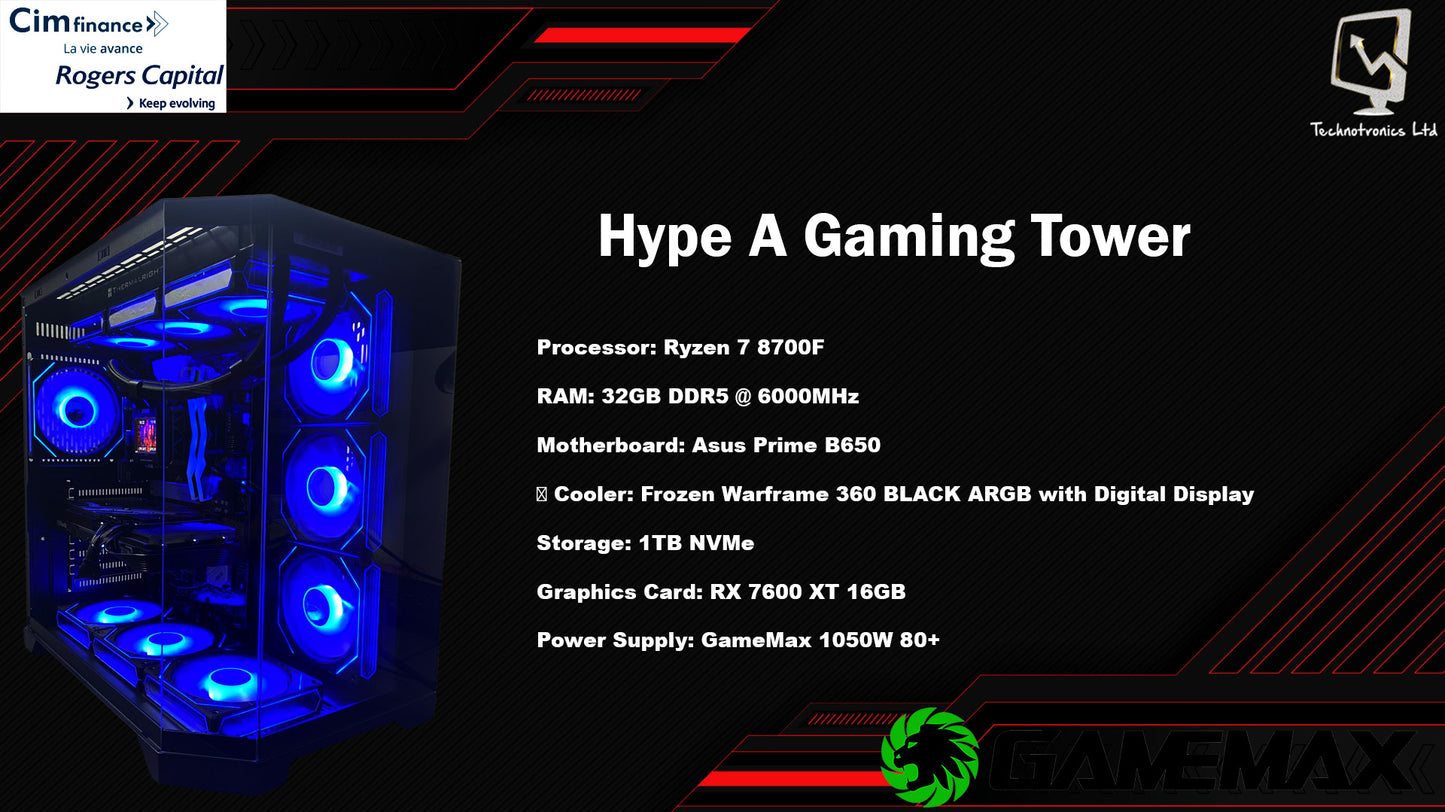 Hype A Gaming Tower | Ryzen 7 8700F | RAM: 32GB DDR5 @ 6000MHz | Storage: 1TB NVMe | Graphics Card: RX 7600 XT 16GB