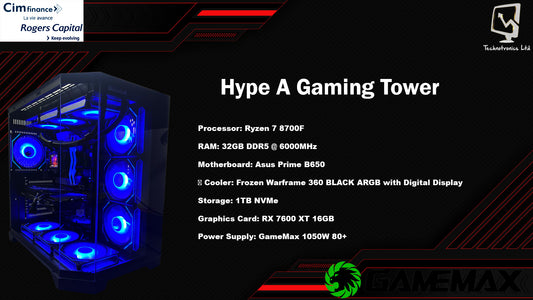 Hype A Gaming Tower | Ryzen 7 8700F | RAM: 32GB DDR5 @ 6000MHz | Storage: 1TB NVMe | Graphics Card: RX 7600 XT 16GB