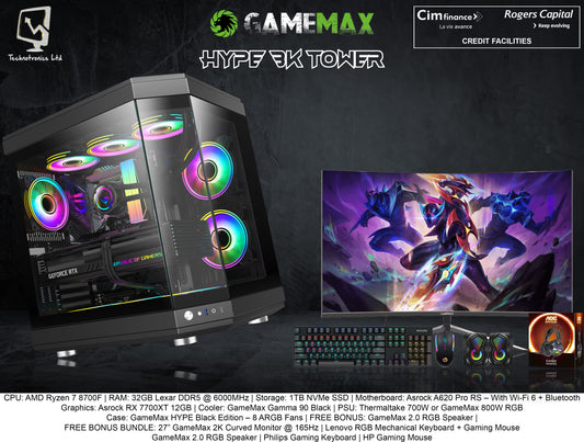 GameMax Hype Black Set | CPU: AMD Ryzen 7 8700F | RAM: 32GB Lexar DDR5 @ 6000MHz | Storage: 1TB NVMe SSD | Graphics: Asrock RX 7700XT 12GB