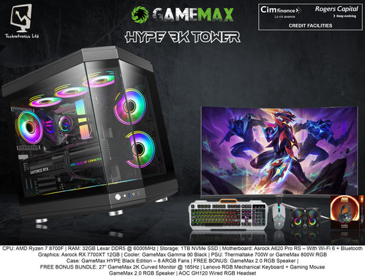 GameMax Hype Black Set | CPU: AMD Ryzen 7 8700F | RAM: 32GB Lexar DDR5 @ 6000MHz | Storage: 1TB NVMe SSD | Graphics: Asrock RX 7700XT 12GB