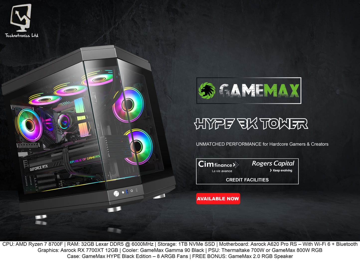 HYPE BK Tower | CPU: AMD Ryzen 7 8700F | RAM: 32GB Lexar DDR5 @ 6000MHz | Storage: 1TB NVMe SSD | Graphics: Asrock RX 7700XT 12GB