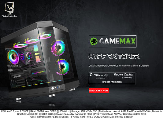 HYPE BK Tower | CPU: AMD Ryzen 7 8700F | RAM: 32GB Lexar DDR5 @ 6000MHz | Storage: 1TB NVMe SSD | Graphics: Asrock RX 7700XT 12GB