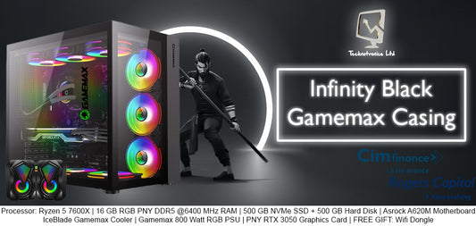 Gamemax Infinity Black Tower, Processor: Ryzen 5 7600X, 16 GB RGB PNY DDR5 @6400 MHz RAM,  500 GB NVMe SSD + 500 GB Hard Disk, PNY RTX 3050 Graphics Card