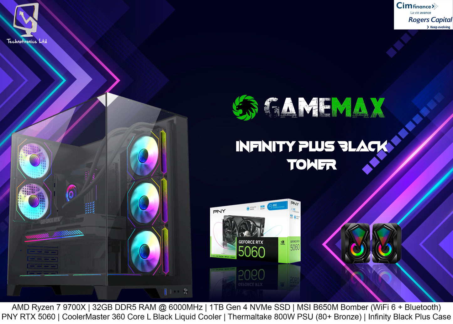 Infinity Black Plus Gaming Tower | AMD Ryzen 7 9700X |  32GB DDR5 RAM @ 6000MHz | 1TB Gen 4 NVMe SSD | PNY RTX 5060