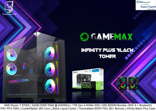 Infinity Black Plus Gaming Tower | AMD Ryzen 7 9700X |  32GB DDR5 RAM @ 6000MHz | 1TB Gen 4 NVMe SSD | PNY RTX 5060