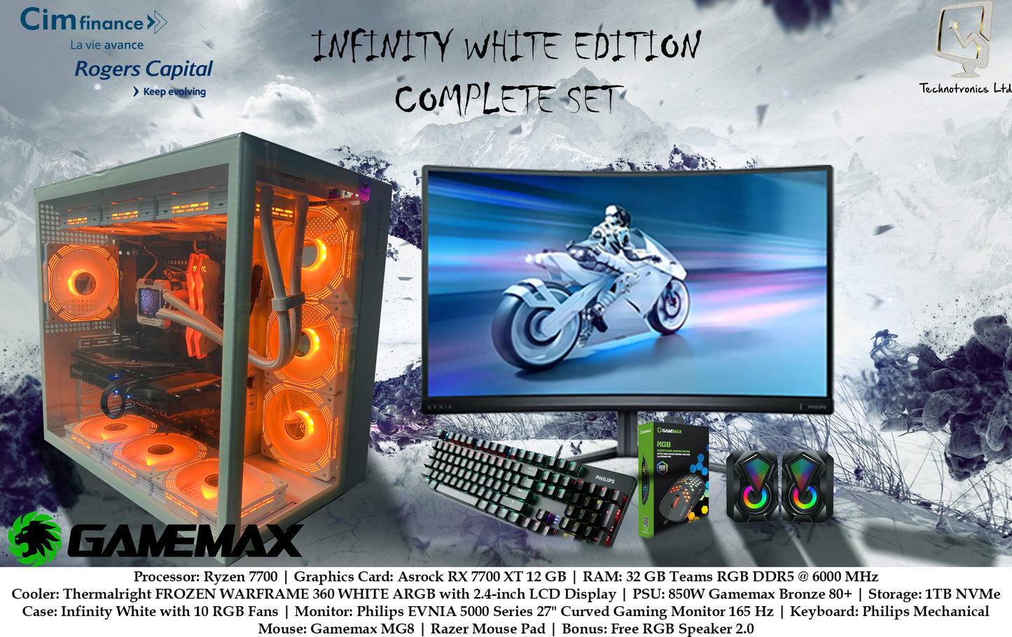 Infinity White Gaming Set| Processor: Ryzen 7700 | RAM: 32 GB Teams RGB DDR5 @ 6000 MHz | Storage: 1TB NVMe | Graphics Card: Asrock RX 7700 XT 12 GB