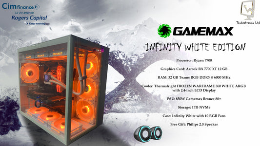 Infinity White Gaming Tower | Processor: Ryzen 7700 | RAM: 32 GB Teams RGB DDR5 @ 6000 MHz | Storage: 1TB NVMe | Graphics Card: Asrock RX 7700 XT 12 GB