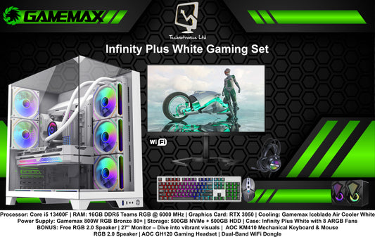 Infinity Plus White Gaming Set| Processor: Core i5 13400F | RAM: 16GB DDR5 | Graphics Card: RTX 3050 | Storage: 500GB NVMe + 500GB HDD