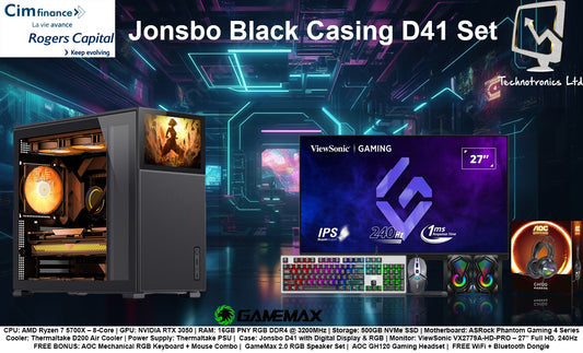 Case: Jonsbo Black D41 Set | CPU: AMD Ryzen 7 5700X – 8-Core | GPU: NVIDIA RTX 3050 | RAM: 16GB PNY RGB DDR4 @ 3200MHz | Storage: 500GB NVMe SSD