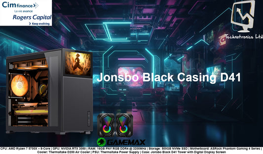 Case: Jonsbo Black D41 Tower | CPU: AMD Ryzen 7 5700X – 8-Core | GPU: NVIDIA RTX 3050 | RAM: 16GB PNY RGB DDR4 @ 3200MHz | Storage: 500GB NVMe SSD
