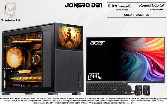 JONSBO D31 DIGITAL DISPLAY GAMING SET | AMD Ryzen 5 5500 | RAM: 16GB DDR4 | Storage: 500GB NVMe SSD | Graphics: AMD Radeon RX 590 8GB