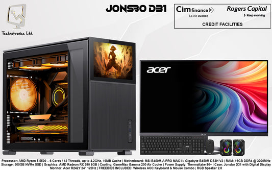 JONSBO D31 DIGITAL DISPLAY GAMING SET | AMD Ryzen 5 5500 | RAM: 16GB DDR4 | Storage: 500GB NVMe SSD | Graphics: AMD Radeon RX 590 8GB