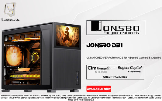 JONSBO D31 Tower | AMD Ryzen 5 5500 | RAM: 16GB DDR4 | Storage: 500GB NVMe SSD | Graphics: AMD Radeon RX 590 8GB