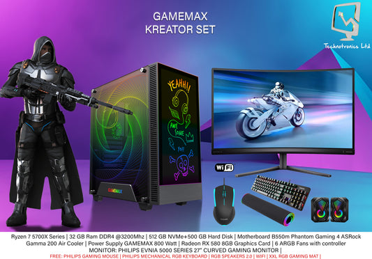 NEW COMPLETE SET: GAMEMAX Kreator Set, RYZEN 7 5700X SERIES, 32 GB RAM @3200 MHZ, 512 NVME+500 GB HARD DISK, RADEON RX 580 8GB, 27"  GAMING MONITOR