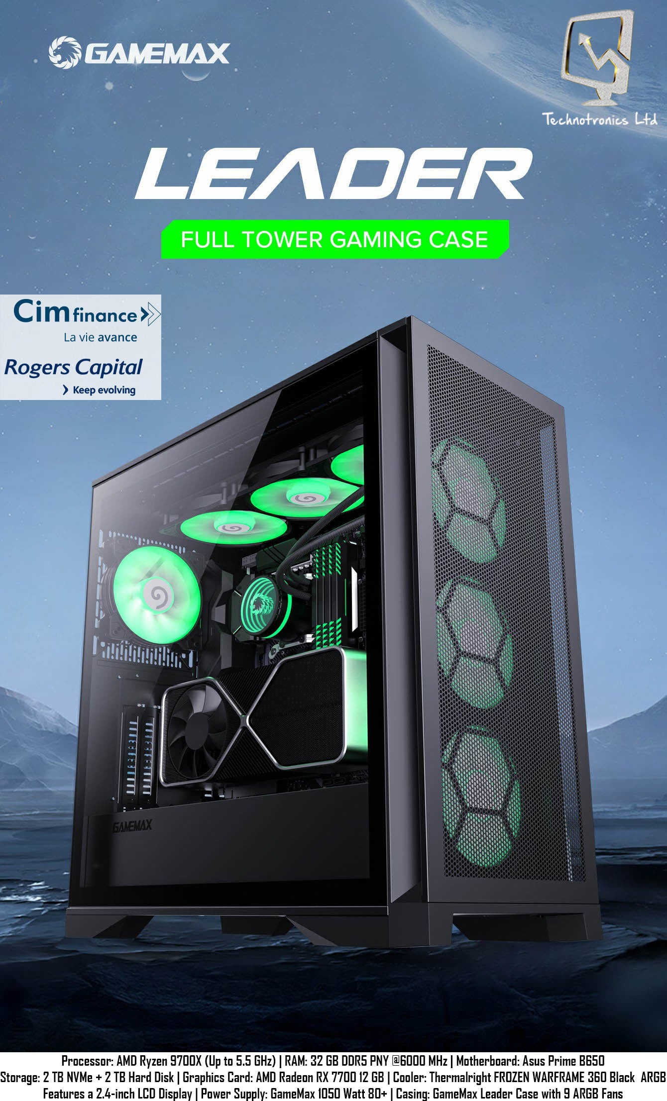 Leader Gamemax Tower | Processor: AMD Ryzen 9700X (Up to 5.5 GHz) | RAM: 32 GB DDR5 PNY @6000 MHz | Storage: 2 TB NVMe + 2 TB Hard Disk | Graphics Card: AMD Radeon RX 7700 12 GB