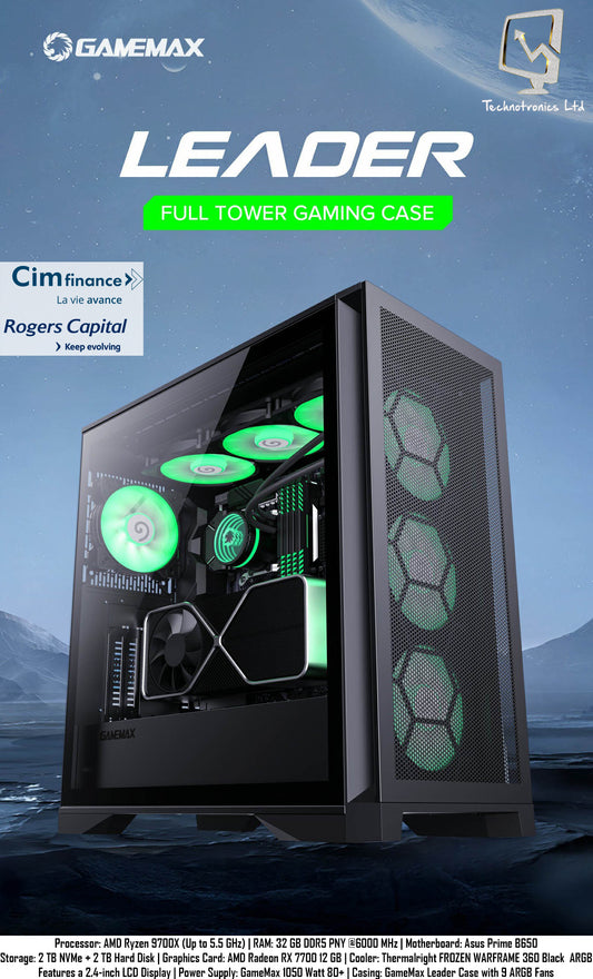 Leader Gamemax Tower | Processor: AMD Ryzen 9700X (Up to 5.5 GHz) | RAM: 32 GB DDR5 PNY @6000 MHz | Storage: 2 TB NVMe + 2 TB Hard Disk | Graphics Card: AMD Radeon RX 7700 12 GB